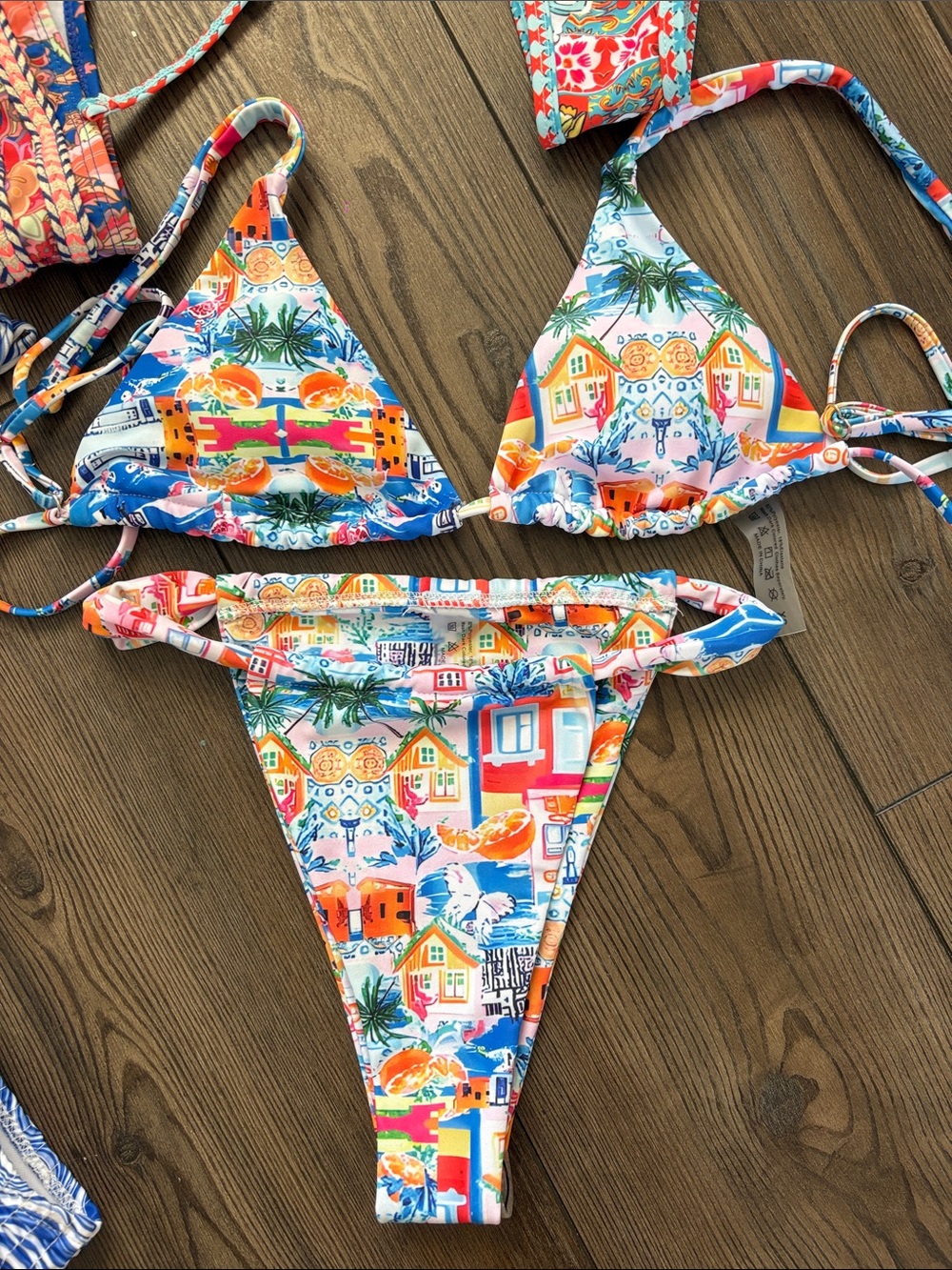 Mixed Pattern String Bikini Set - Blue, Orange, Red, Multicolor - Picture 3 of 6